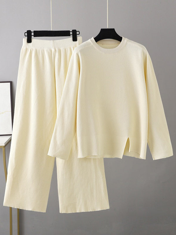 flowersverse Casual Long Sleeves Irregularity Split-Front Round-Neck Sweater Tops & Wide Leg Pants Two Pieces Set