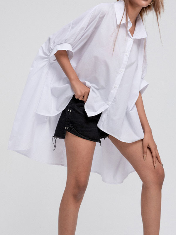 flowersverse Solid Color Batwing Sleeves High-Low Lapel Blouses&Shirts Tops