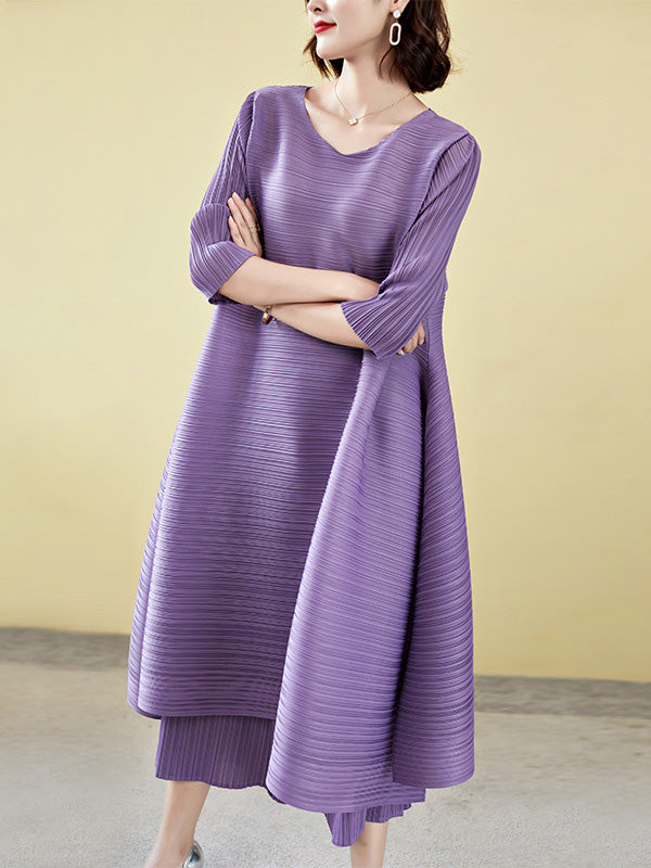 flowersverse Casual Loose Three-Quarter Sleeves Pleated Solid Color T-Shirt&Pants Two Pieces Set
