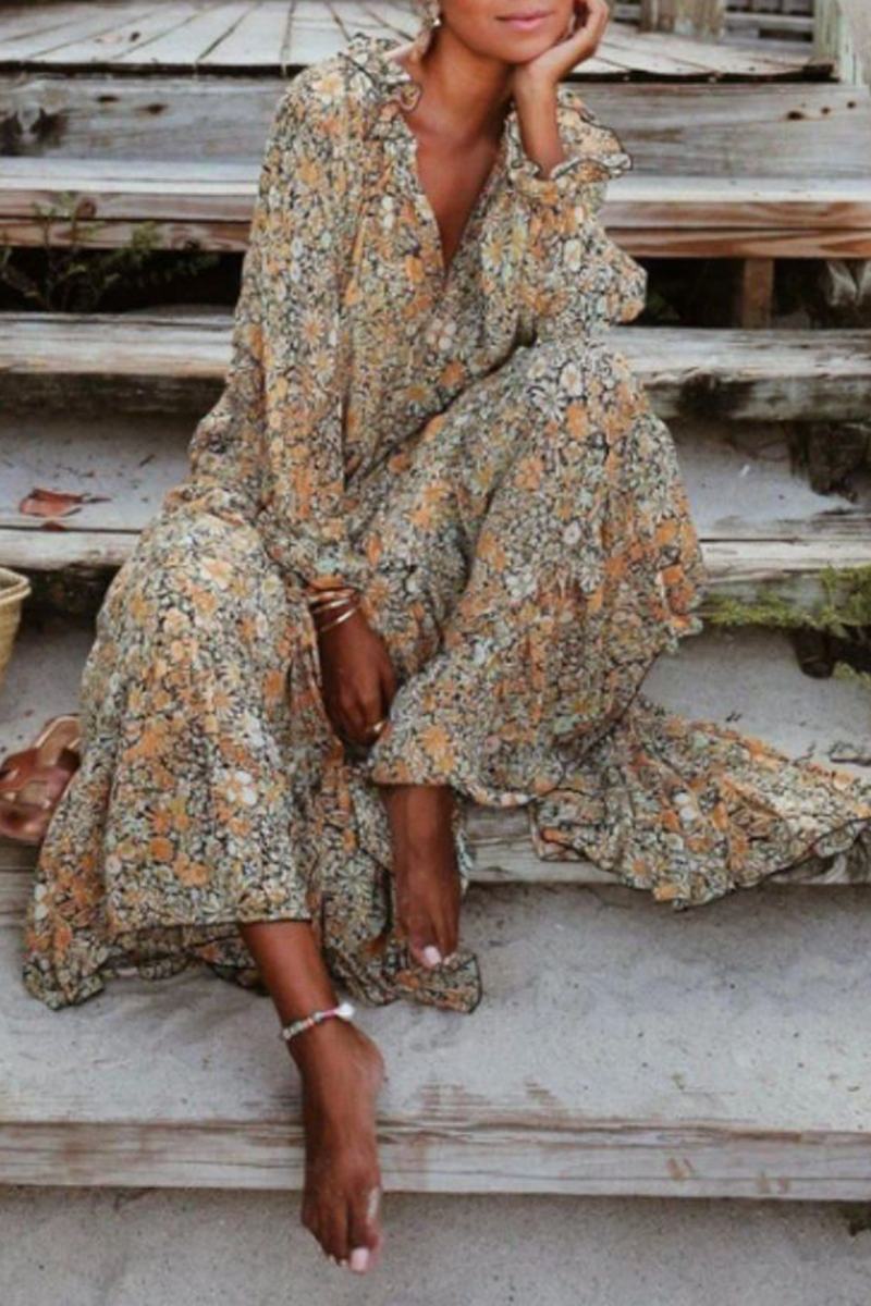 flowersverse Casual Print V Neck Straight Dresses