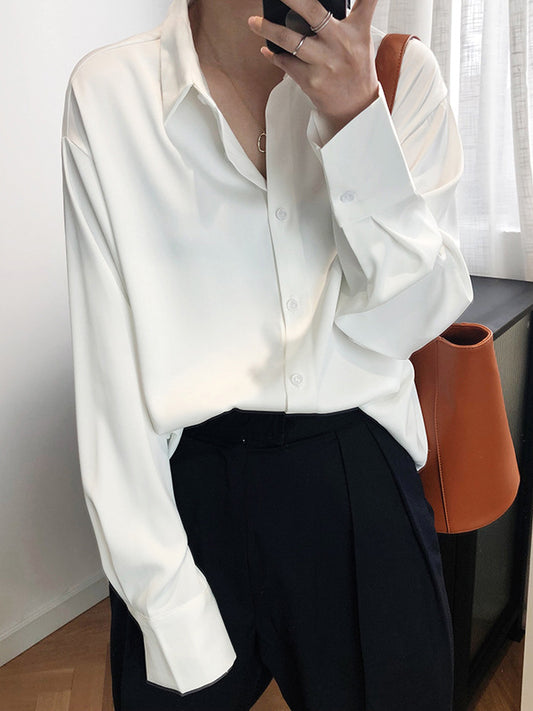 flowersverse Simple Solid Color Satin Chiffon Long Sleeve Blouse