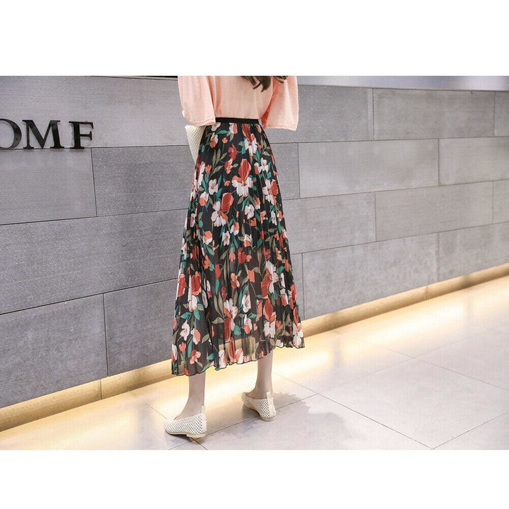 flowersverse Fashion Women Floral Pleated Boho Midi Skirt High Waist Ladies Casual Summer Party Cocktail Wrap Skirt Sundress