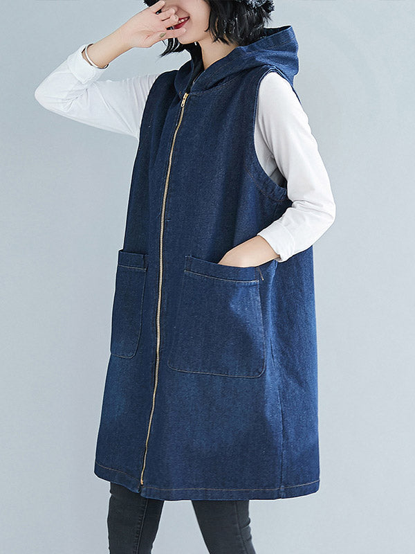 flowersverse Casual Zipper Sleeveless Denim Vest Hooded Outerwear