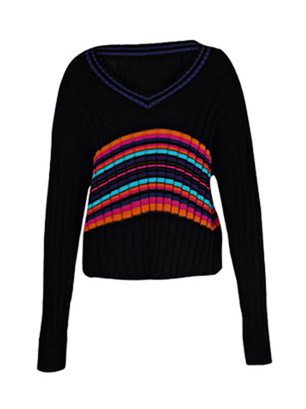 flowersverse Casual Long Sleeves Striped V-Neck Sweater Tops