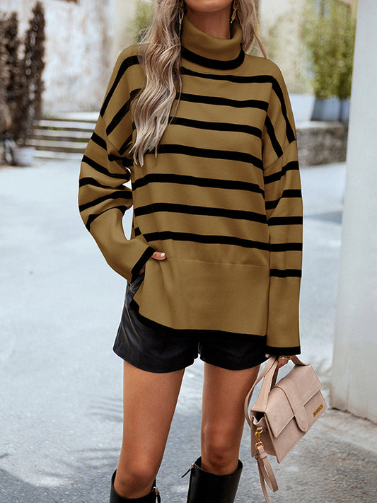 flowersverse Contrast Color Split-Side Striped Long Sleeves Loose High Neck Sweater Tops Pullovers