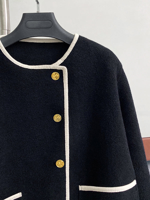 flowersverse Asymmetric Buttoned Pockets Split-Joint Long Sleeves Loose Round-Neck Woolen Coat