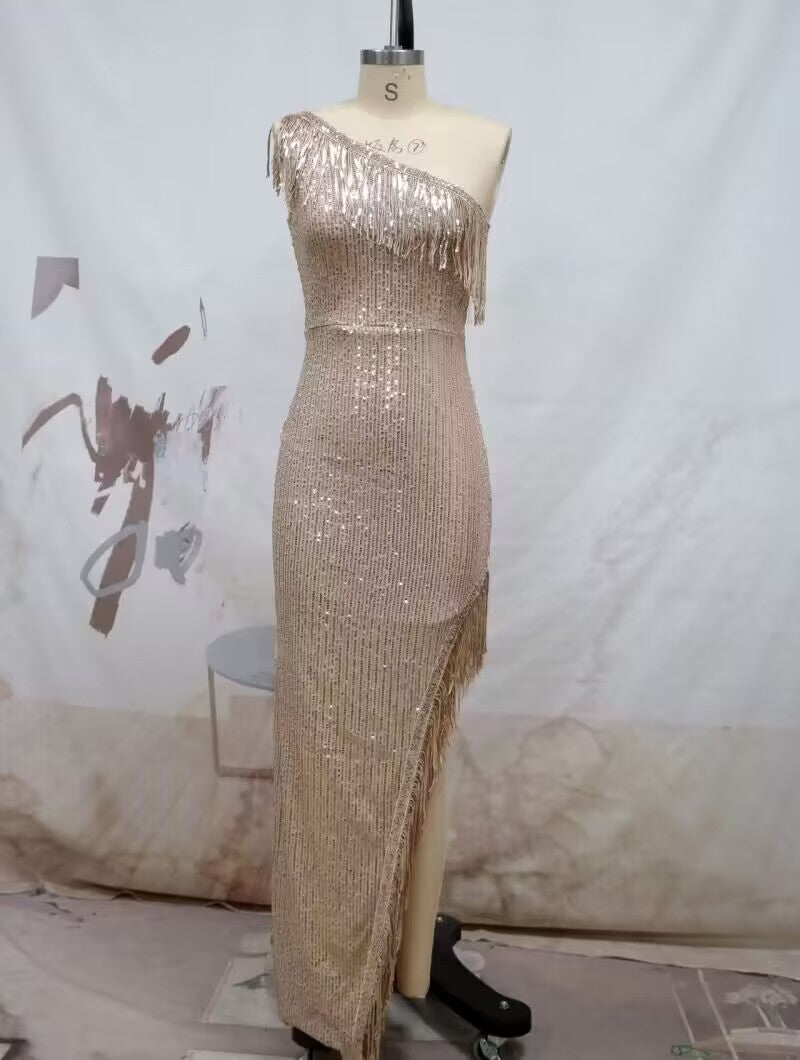 flowersverse Women's Summer Sequined Tassel Slim Dress Slash Shoulder Bodycon Maxi Nightclub Dress