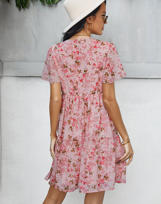flowersverse Spring Print Short Dress Women Casual Short Sleeve V Neck Floral Dresses For Women Leisure Summer Chiffon Dress