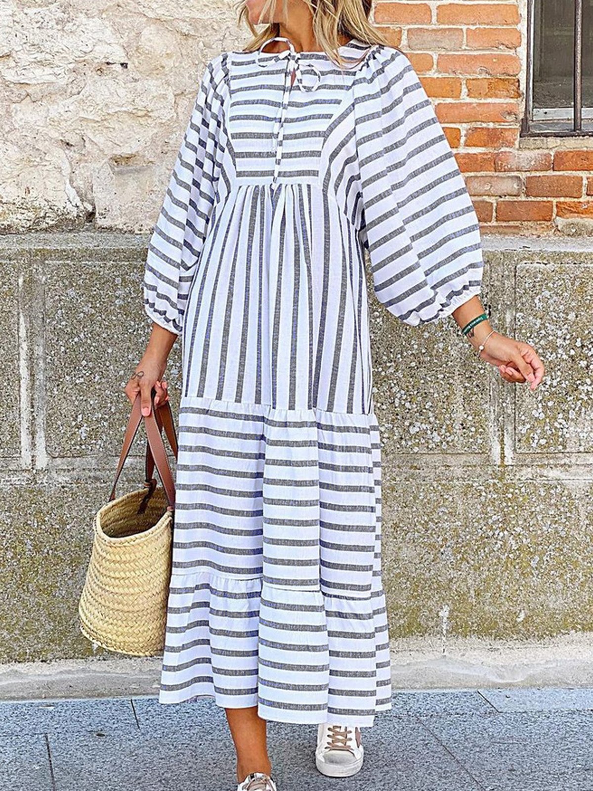 flowersverse Casual Bateau/Boat Neck Long Sleeve Weaving Dress