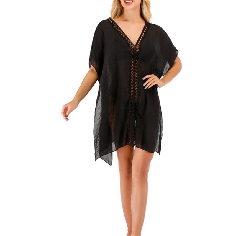 flowersverse Women's Swimwear Cover Up Beach Dress Normal Swimsuit Hole Pure Color White Black V Wire Bathing Suits New Vacation Fashion / Sexy / Modern