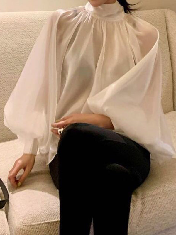 flowersverse Urban Black&White Puff Sleeves High-Neck Blouse