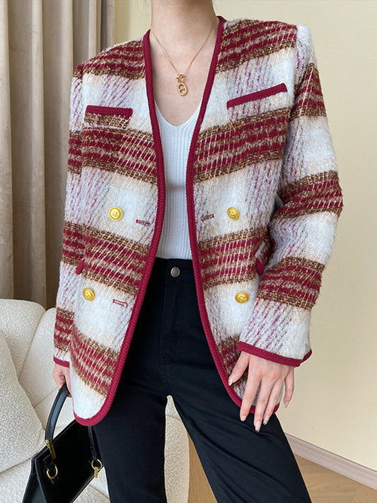 flowersverse Buttoned Contrast Color Plaid Long Sleeves V-Neck Outerwear Jackets