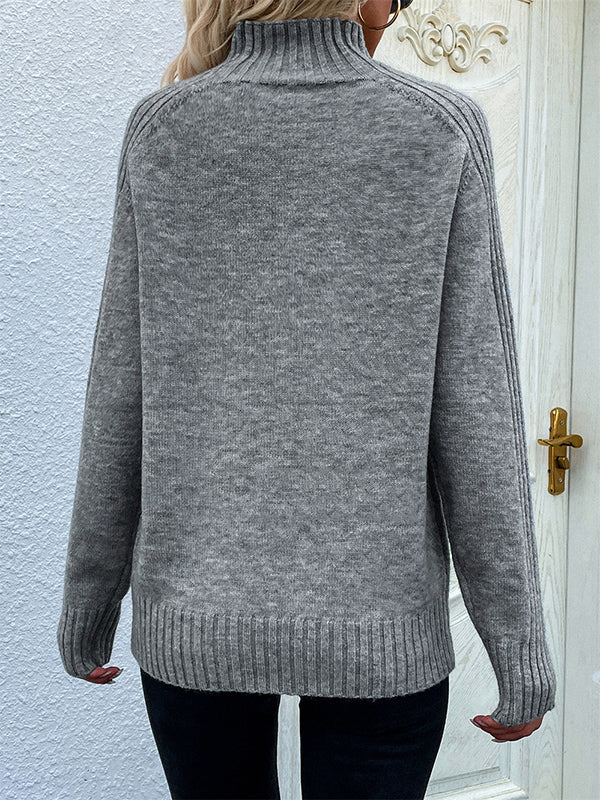 flowersverse Stylish Long Sleeves Loose Solid Color High-Neck Sweater Tops