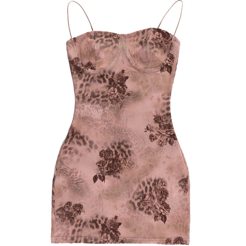 flowersverse Straps Mesh Print Slim Sexy Bodycon Dress
