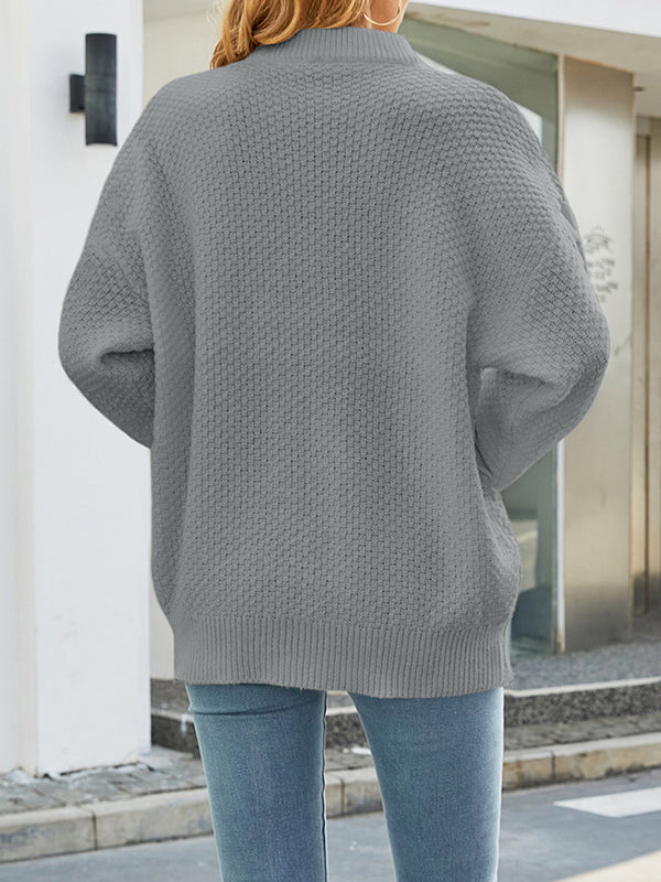 flowersverse Solid Color Long Sleeves Loose Mock Neck Sweater Tops Pullovers