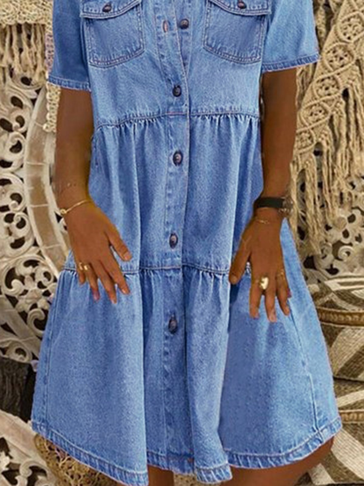 flowersverse Denim Daily Casual Shirt Collar Short Sleeve Buttoned Pockets A-line Weaving Dress