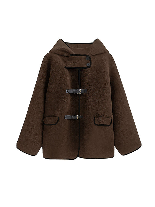 flowersverse Buckle Buttoned Keep Warm Velvet Long Sleeves Loose Hooded Woolen Coat Outerwear