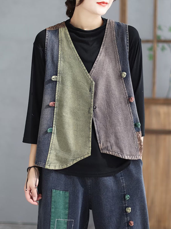 flowersverse Loose Split-Joint V-Neck Vest Top + Jean Harem Pants Bottoms Two Pieces Set