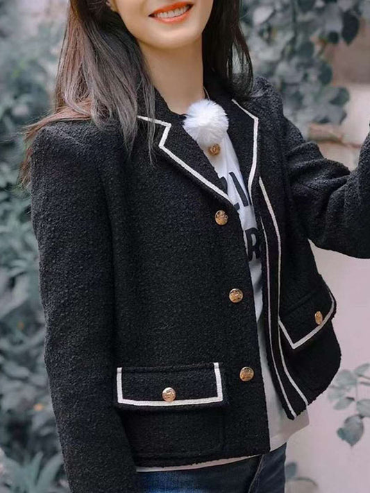 flowersverse Buttoned Pockets Long Sleeves Loose Notched Collar Woolen Coat Outerwear