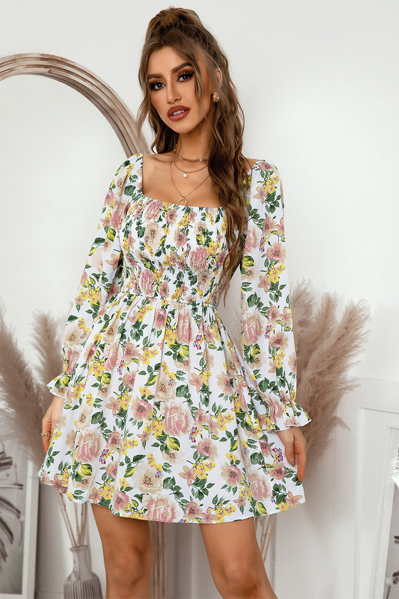 flowersverse Chic Floral Smocked Flounce Sleeve Square Neck Mini Dress