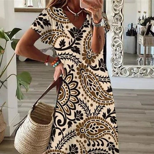 flowersverse Women's Casual Dress Ethnic Dress Shift Dress Long Dress Maxi Dress Khaki Short Sleeve Floral Split Spring Summer V Neck Vacation S M L XL XXL 3XL