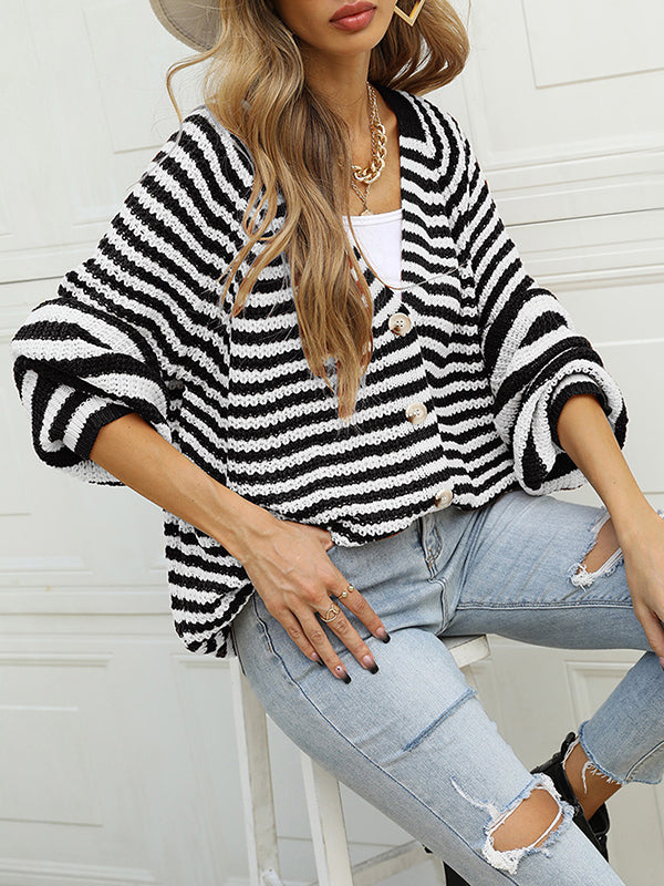 flowersverse Casual Loose Long Sleeves Striped V-Neck Cardigan Tops