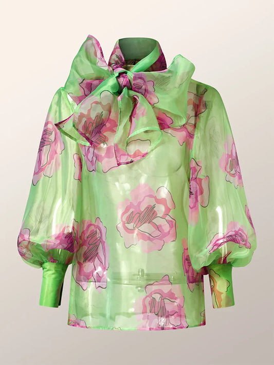 flowersverse Loose Puff Sleeves Bow-Embellished Floral Printed See-Through Stand Collar Blouses&Shirts Tops