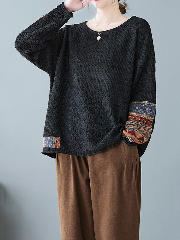 flowersverse Printed Split-Joint Long Sleeves Loose Round-Neck Sweater Tops Pullovers