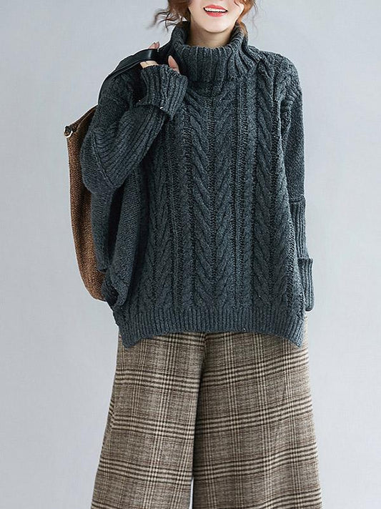 flowersverse Cable- Knit High-neck Solid Loose Sweater