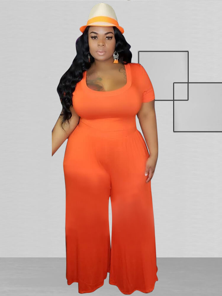 flowersverse Plus Size Short Sleeve Wide Leg Pant Jumpsuit