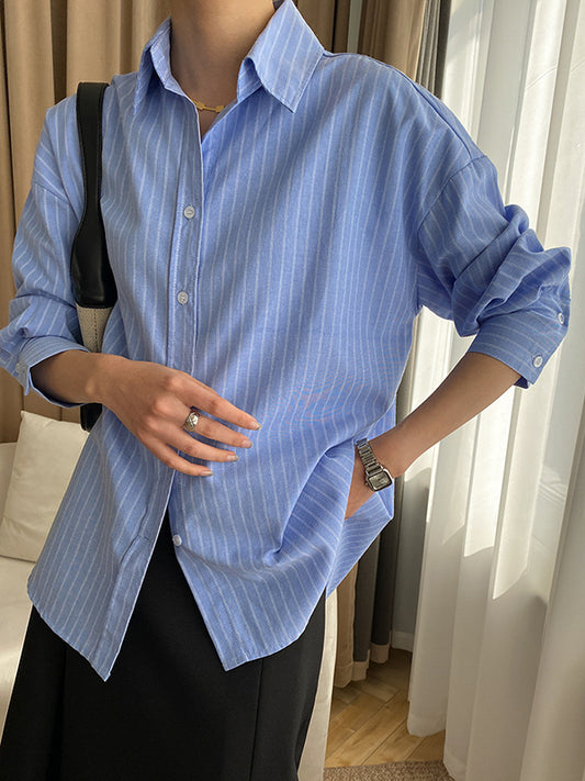 flowersverse Buttoned Striped Long Sleeves Loose Lapel Blouses&Shirts Tops
