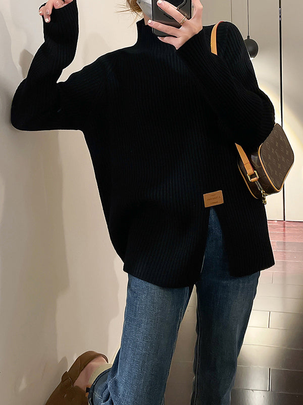 flowersverse Split-Front Long Sleeves Loose Mock Neck Sweater Tops Pullovers