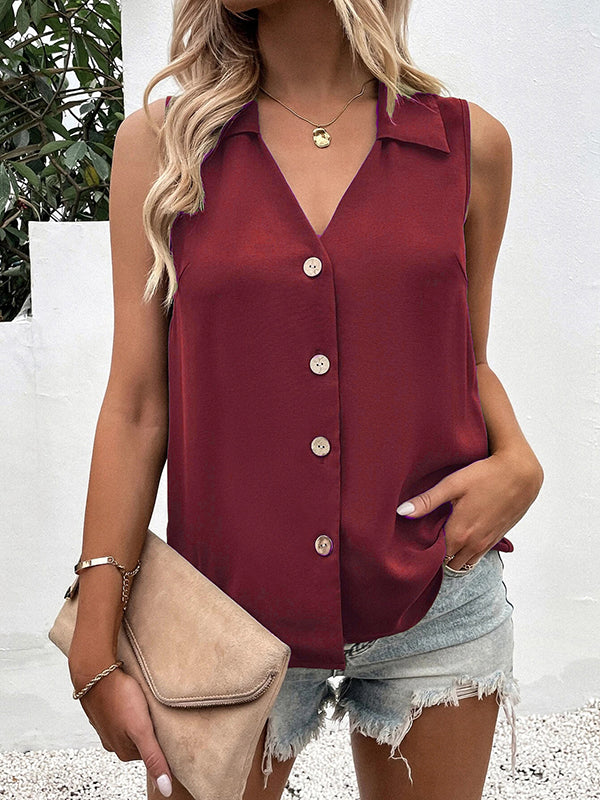 flowersverse Buttoned Solid Color Split-Joint Loose Sleeveless V-neck Vest Top