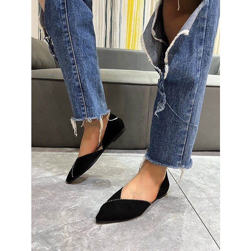 flowersverse Women's Flats Dress Shoes Plus Size Daily Beading Flat Heel Pointed Toe Elegant Casual Synthetics Loafer Solid Colored Black Green Beige