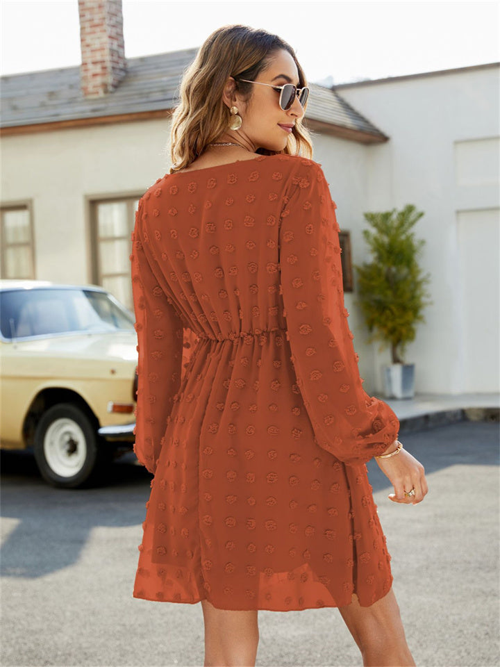 flowersverse Dot A-Line Skirt Ruffled V-Neck Casual Loose Short Dress