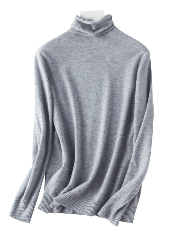 flowersverse Simple Loose Long Sleeves Solid Color High-Neck Sweater Tops