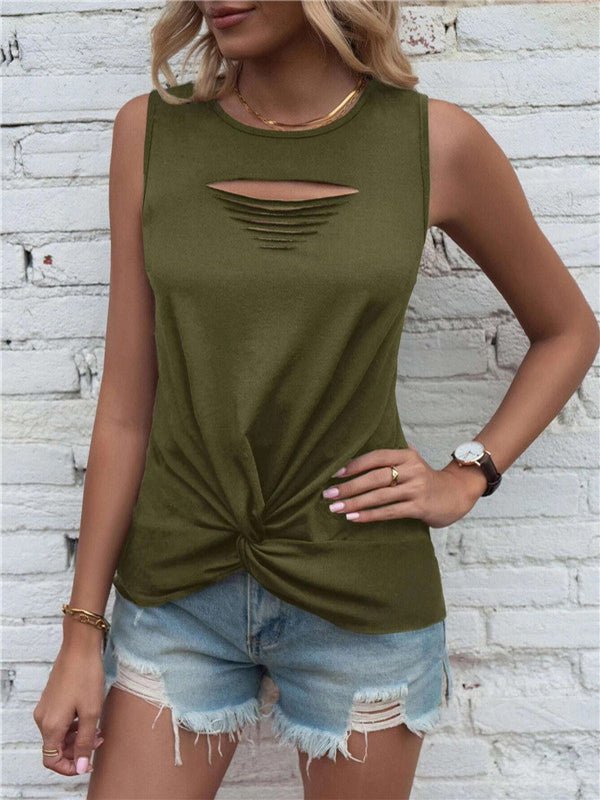 flowersverse Hollow Knot Pleated Solid Color Sleeveless Round-Neck Vest Top