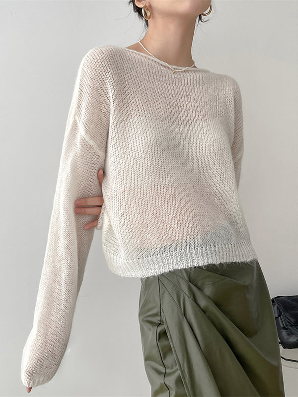 flowersverse Gentle Mohair Knitted Loose Long Sleeves Solid Color Thin Sweater Tops