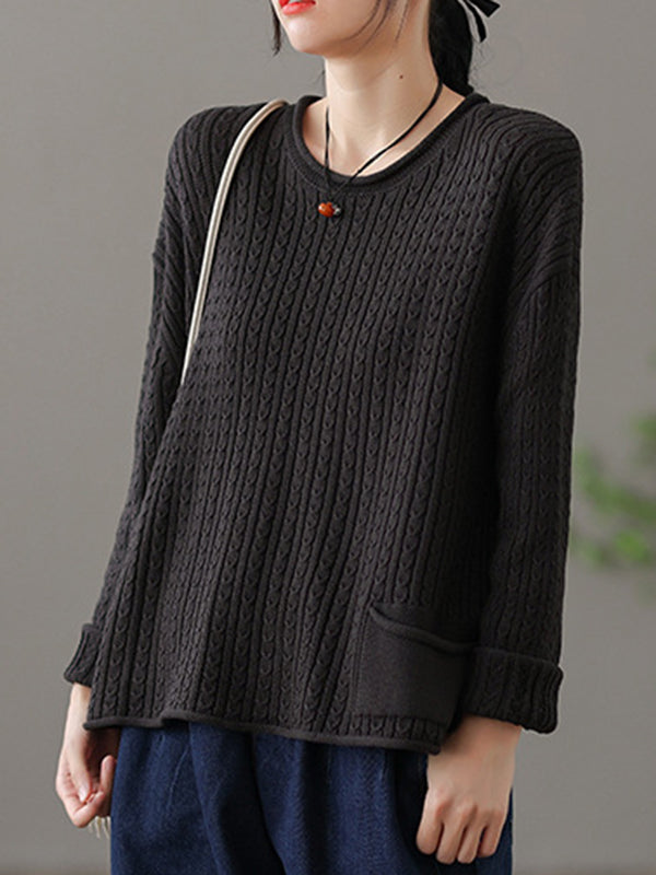 flowersverse Artistic Retro Loose Long Sleeves Jacquard Solid Color Round-Neck Sweater Tops