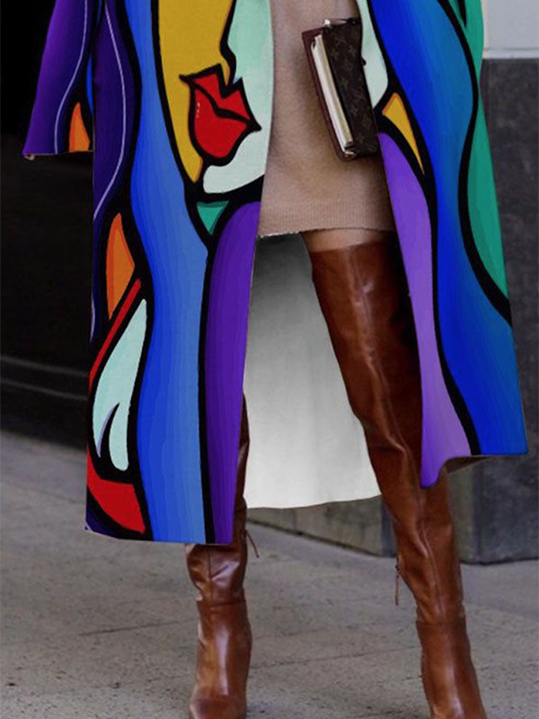 flowersverse Long Sleeves Loose Contrast Color Figure Notched Collar Outerwear Woolen Coat