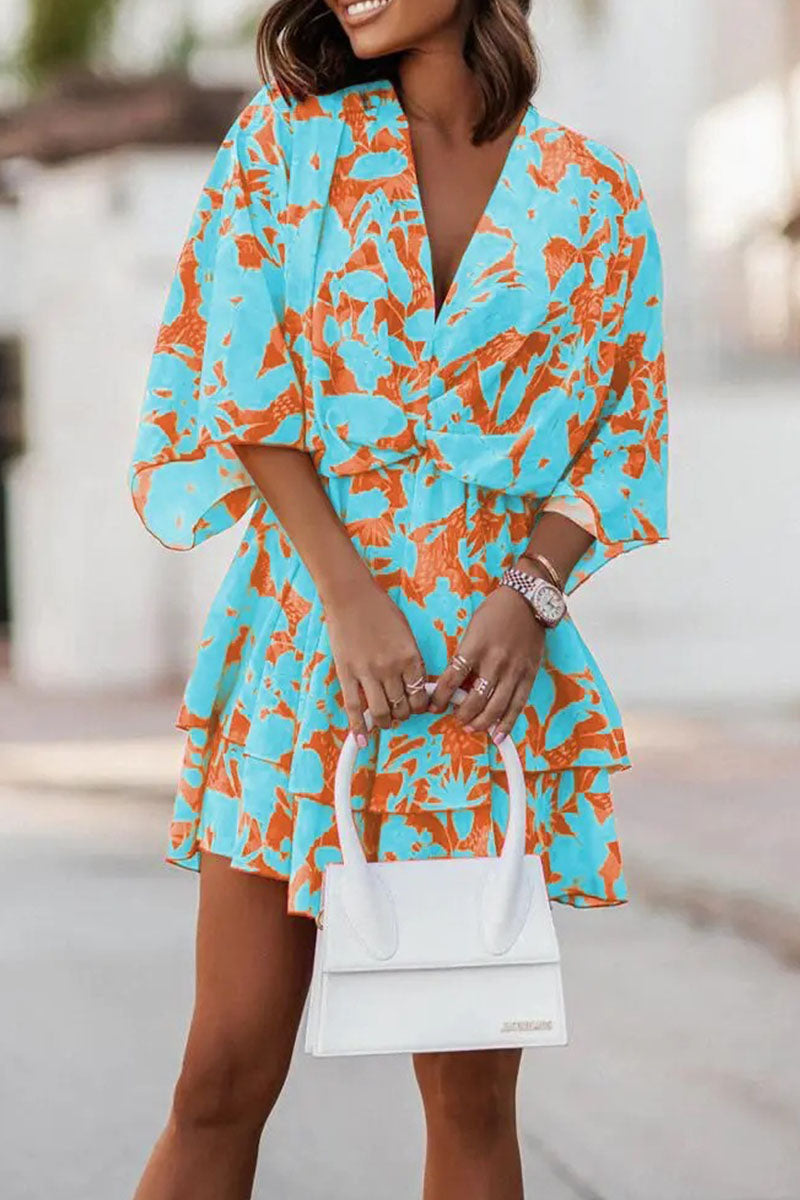 flowersverse Casual Print Patchwork V Neck Dresses(5 Colors)