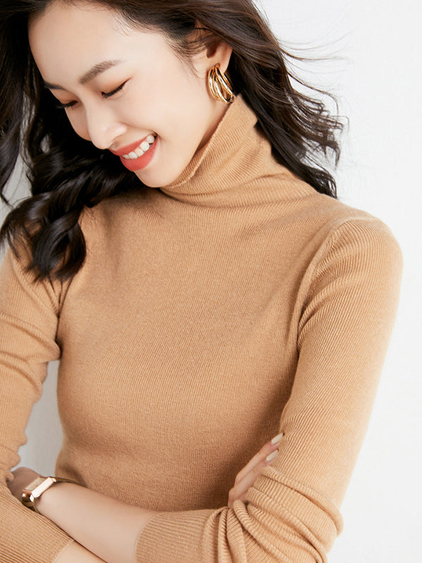 flowersverse Simple Skinny Long Sleeves Solid Color High-Neck Sweater Tops Pullovers