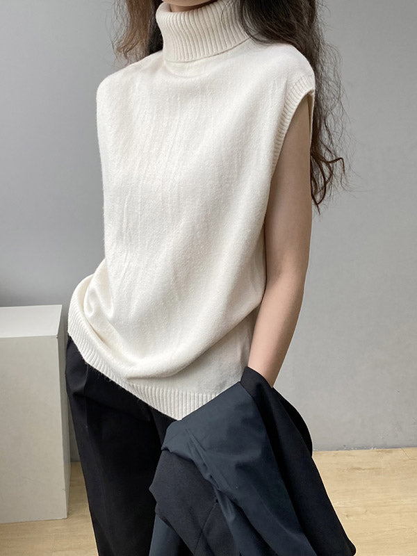 flowersverse Simple Loose Solid Color High-Neck Knitting Vest Top
