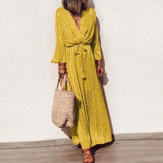 flowersverse Plus Size Casual V-neck Floral Print Long Sleeve Maxi Boho Dress Elegant Sashes Party Dress