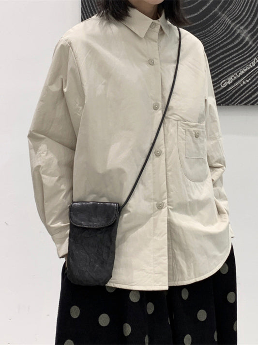 flowersverse Buttoned Pockets Quilted Solid Color Long Sleeves Loose Lapel Shirts Tops Outerwear