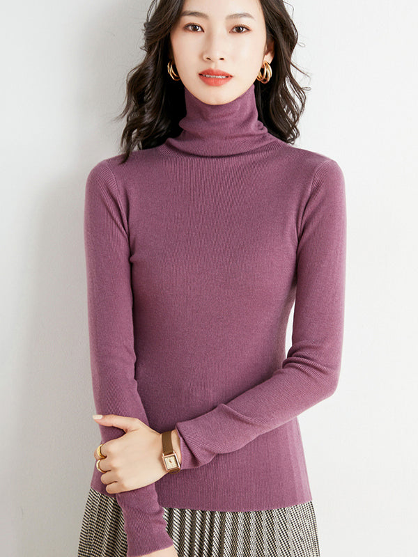 flowersverse Simple Skinny Long Sleeves Solid Color High-Neck Sweater Tops Pullovers