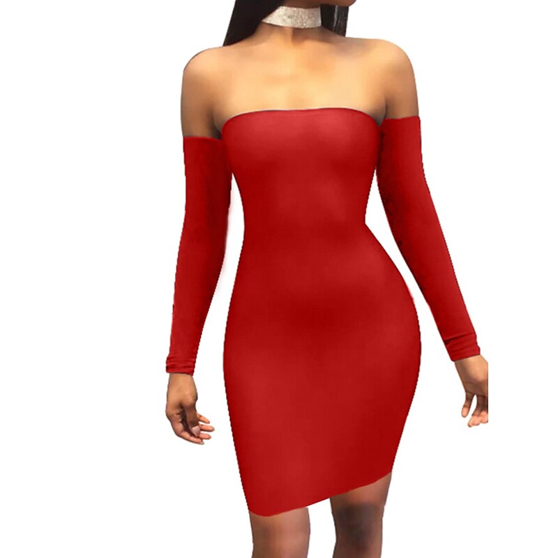 flowersverse Women's Semi Formal Dress Party Dress Bodycon Sheath Dress Mini Dress Black White Wine Long Sleeve Pure Color Backless Spring Fall Winter Off Shoulder Party Vacation Spring Dress Slim S M L XL