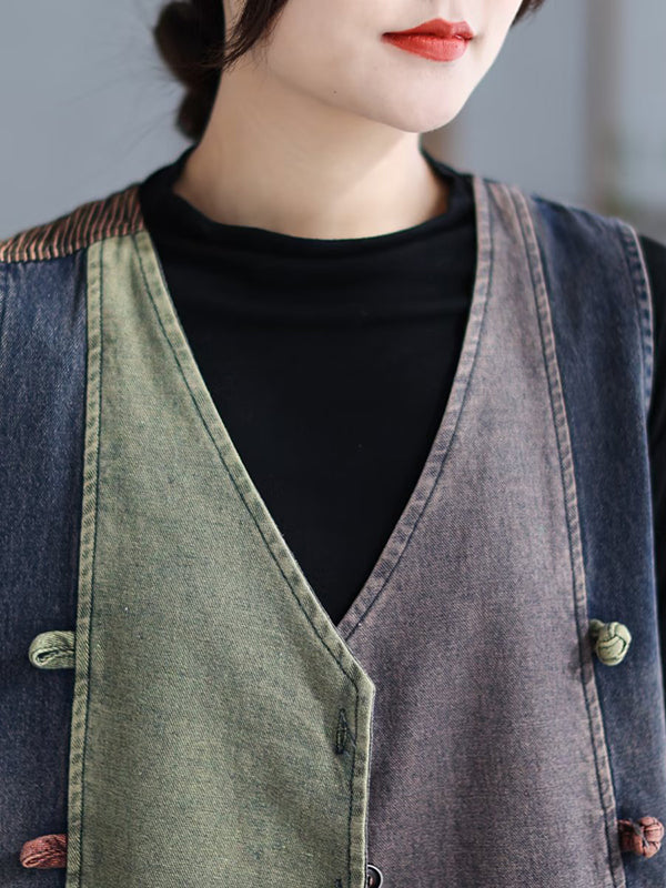 flowersverse Loose Split-Joint V-Neck Vest Top + Jean Harem Pants Bottoms Two Pieces Set