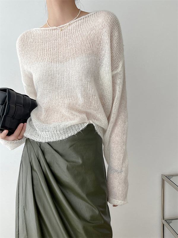flowersverse Gentle Mohair Knitted Loose Long Sleeves Solid Color Thin Sweater Tops