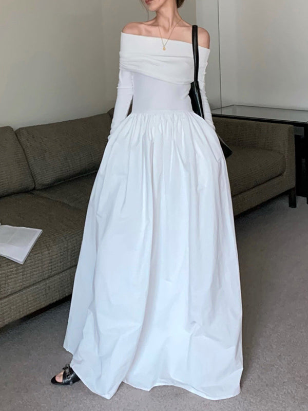 flowersverse Long Sleeves Pleated Solid Color Split-Joint Off-The-Shoulder Maxi Dresses